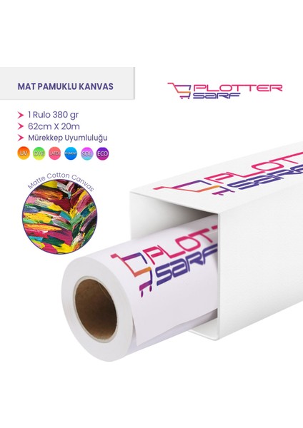 PlotterSarf® Cotton Kanvas Matt % 100 Pamuk Tuval 380 gr Pigmet ve Dye Iç Mekan 62cm X 20 mt (1 Rulo)