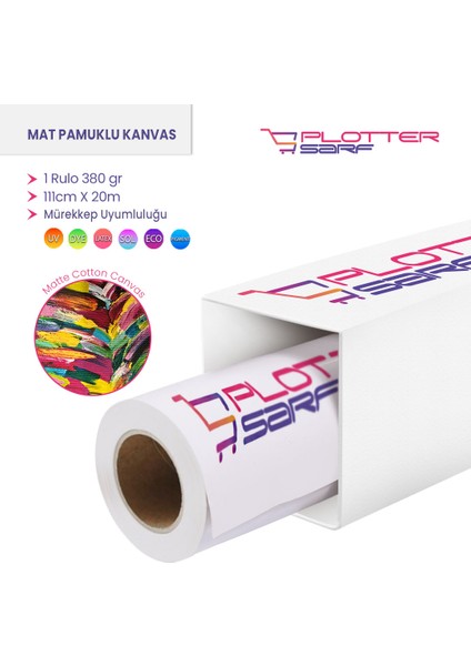 PlotterSarf® Cotton Kanvas Matt % 100 Pamuk Tuval 380 gr Pigmet ve Dye Iç Mekan 111cm X 20 mt (1 Rulo)