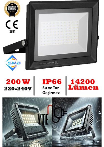LED Projektör 200 W Beyaz Ip 66 Su-Toz Geçirmez 14200 Lm Smd LED Yüksek Işık