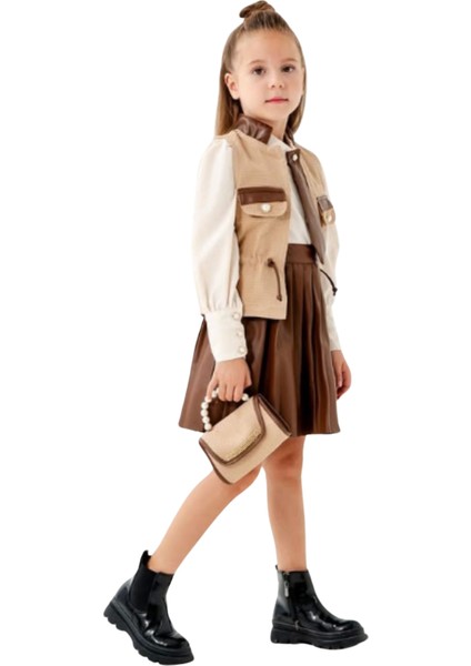 DERİ ETEKLİ ÇANTALI KIZ TAKIM