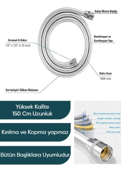 Tüm Duş Setleri ile Uyumlu 1,5 Metre Duş Hortumu Yeşil Paslanmaz Kopmaz Kaliteli Pvc Hortum Duş