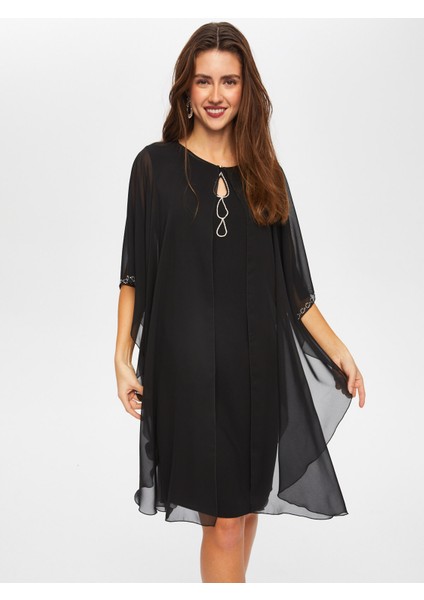 Damla Taş Detaylı Şifon Pelerinli Abiye Elbise 015 indirimleri