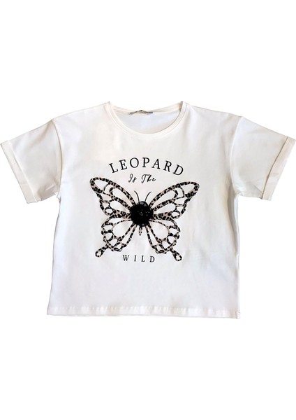 Kız Çocuk Leopar Baskılı Çiçek Aksesuarlı Tshirt