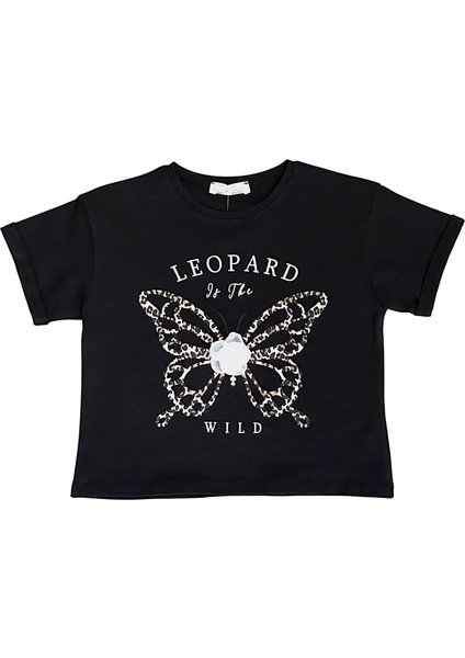 Kız Çocuk Leopar Baskılı Çiçek Aksesuarlı Tshirt fiyatları