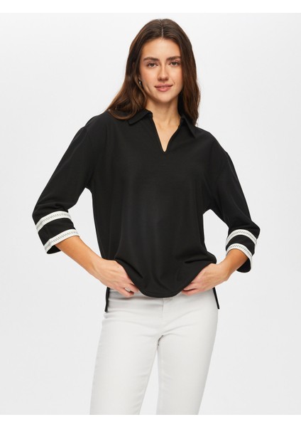 Zigzag Şeritli Polo Yaka Örme Bluz 004