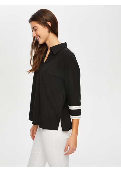 Zigzag Şeritli Polo Yaka Örme Bluz 004