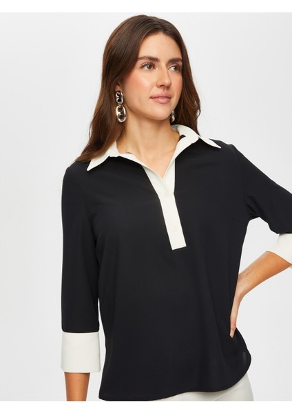 Renk Bloklu 3/4 Kol Yarım Patlı Bluz 003
