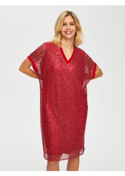 Şifon Garnili V Yaka Simli Payet Elbise 003