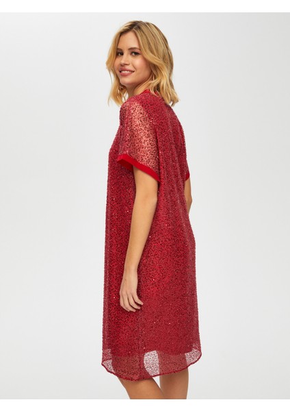 Şifon Garnili V Yaka Simli Payet Elbise 003 fiyatları