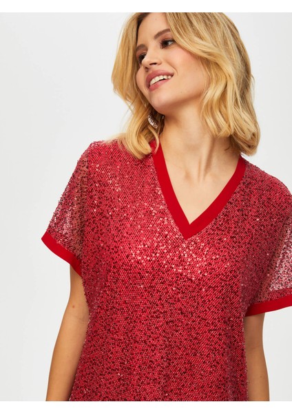 Şifon Garnili V Yaka Simli Payet Elbise 003 fırsatları