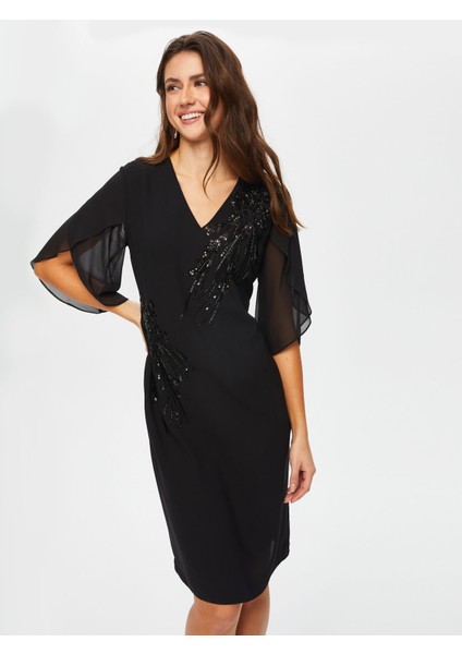 Taş ve Boncuk Süslemeli Şifon Kollu V Yaka Abiye Elbise 017 fiyatları