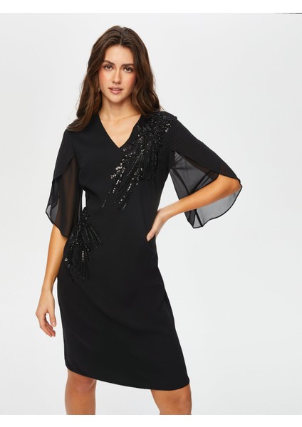 Taş ve Boncuk Süslemeli Şifon Kollu V Yaka Abiye Elbise 017 modelleri