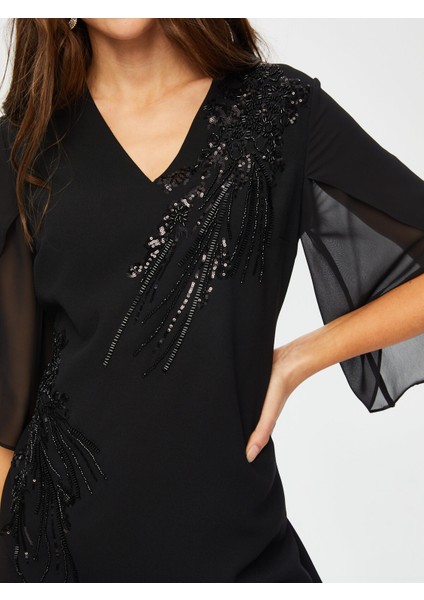 Taş ve Boncuk Süslemeli Şifon Kollu V Yaka Abiye Elbise 017 indirimleri