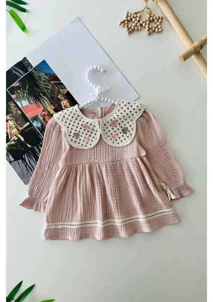 Örgü Yakalı Kız Bebe Müslin elbise - Pembe