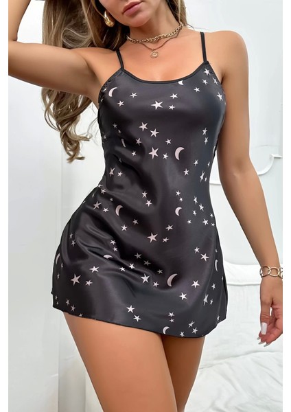 Sırt Dekolteli Gökyüzü Desenli Siyah Saten Gecelik fırsatları