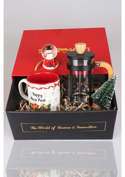 Özel Kutulu Mutlu Yıllar Serisi Frenchpress, Kupa, Çam Ağacı ve Kar Küresi Seti "yeni Yıl Merry Chrıstmas "