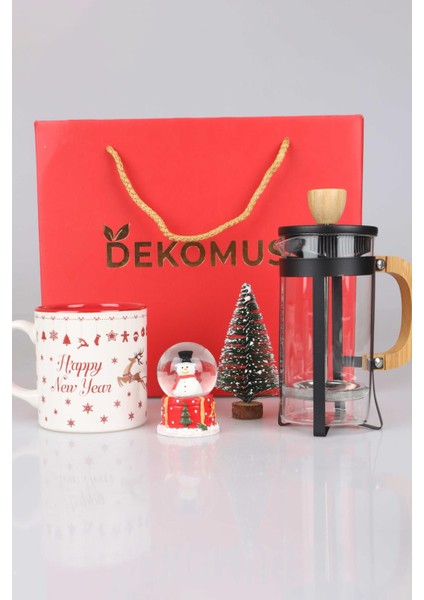 Özel Kutulu Mutlu Yıllar Serisi Frenchpress, Kupa, Çam Ağacı ve Kar Küresi Seti "yeni Yıl Merry Chrıstmas " modelleri