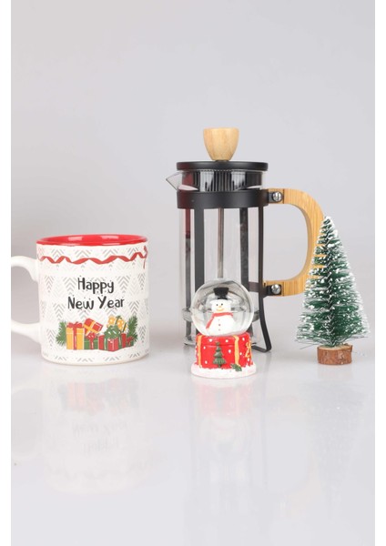 Özel Kutulu Mutlu Yıllar Serisi Frenchpress, Kupa, Çam Ağacı ve Kar Küresi Seti "yeni Yıl Merry Chrıstmas "