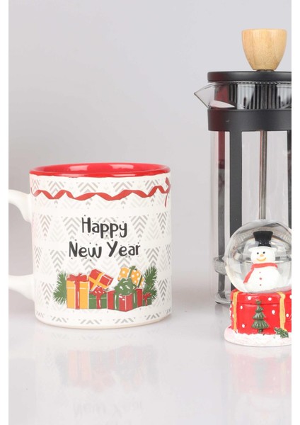 Özel Kutulu Mutlu Yıllar Serisi Frenchpress, Kupa, Çam Ağacı ve Kar Küresi Seti "yeni Yıl Merry Chrıstmas "