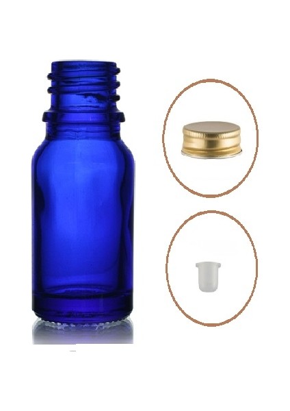 20 ml Mavi Şişe Sarı Metal Düz Kapaklı, 24 Adet, Cam Şişe, Kozmetik Şişesi