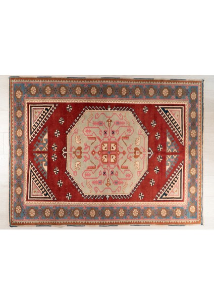 118 x 172 cm Bej ve Kırmızı Renkli El Dokuma Rustik Stil Yün Anadolu Kilim
