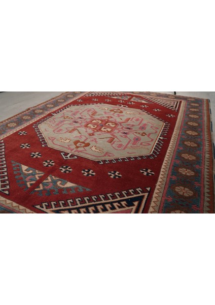 118 x 172 cm Bej ve Kırmızı Renkli El Dokuma Rustik Stil Yün Anadolu Kilim