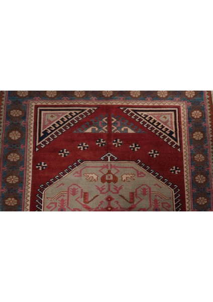 118 x 172 cm Bej ve Kırmızı Renkli El Dokuma Rustik Stil Yün Anadolu Kilim