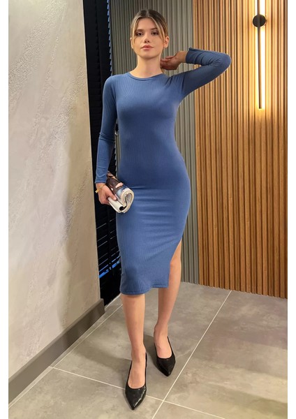 Bisiklet Yaka Likralı Elbise P-00013926