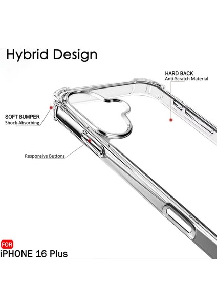 Apple iPhone 16 Plus Kılıf Airbag Crystal Sert Pc Antishock Darbe Emici Kenar Şeffaf Silikon Kapak