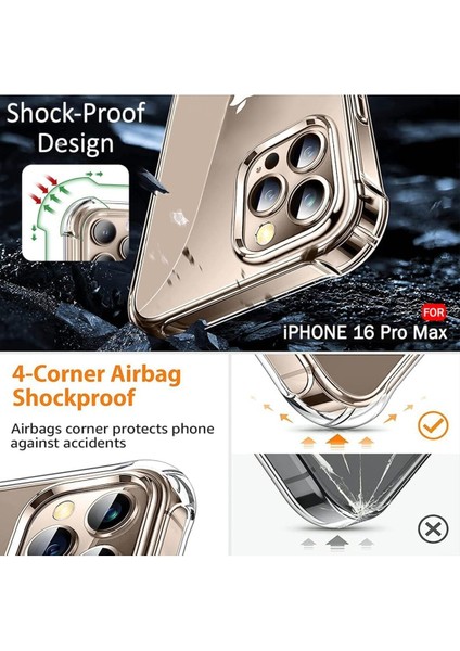 Apple iPhone 16 Pro Max Kılıf Airbag Crystal Sert Antishock Darbe Emici Kenar Şeffaf Silikon Kapak