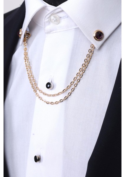 Gold Renk Mor Taşlı Gömlek Yaka Zinciri