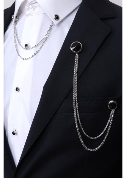 Siyah Taşlı Ceket & Gömlek Gümüş Renk Yaka Zinciri