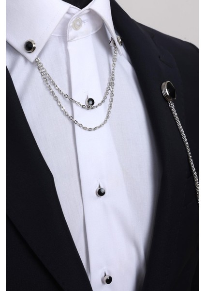 Siyah Taşlı Ceket & Gömlek Gümüş Renk Yaka Zinciri fiyatları