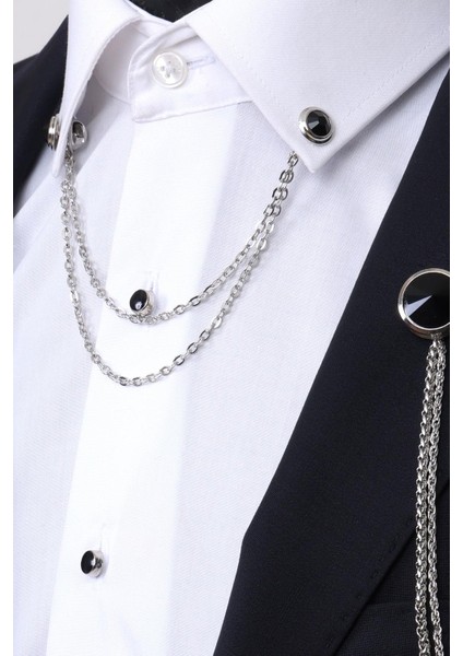 Siyah Taşlı Ceket & Gömlek Gümüş Renk Yaka Zinciri fırsatları