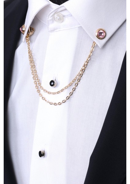 Gold Renk Pembe Taşlı Gömlek Yaka Zinciri