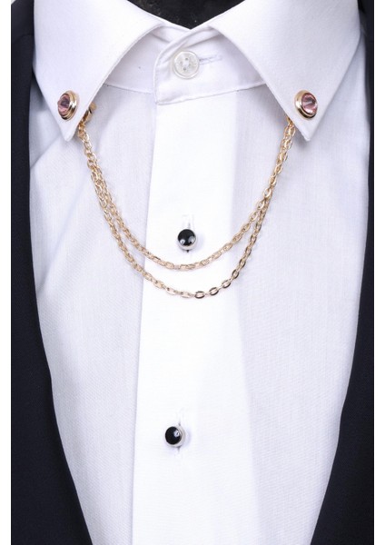 Gold Renk Pembe Taşlı Gömlek Yaka Zinciri modelleri