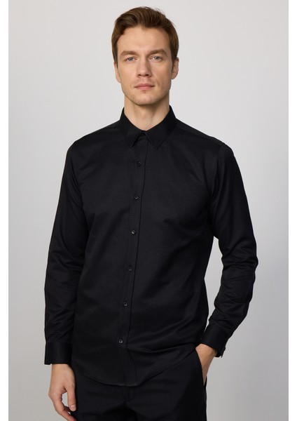 Slim Fit Armürlü Kravatlık, Siyah Erkek Gömlek fiyatları