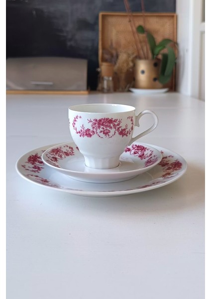 Edelstein 73 Pembe Gül Desenli Vintage Çay Fincanı Seti 3 Parça