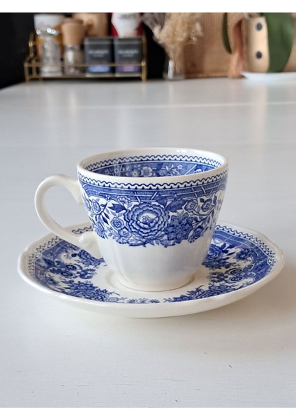 Vintage Burgenland Çiçek Desenli Antika Çay Fincanı Seti Mavi