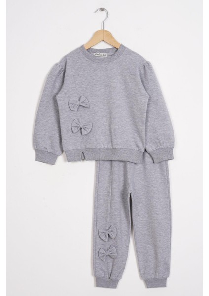 Önü Fiyonklu Gri Melanj Renk Kız Çocuk Esofman Takım