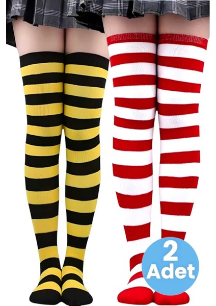 Kadın Kalın Şeritli 2'li Diz Üstü Çorap modelleri