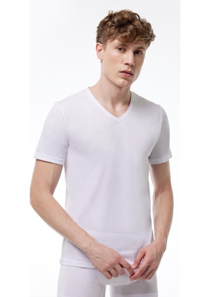 Yaz Serinliği Erkek Beyaz Basic V Yaka Ince Modal Tişört 085