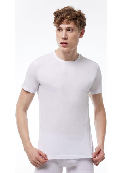 Erkek Beyaz Basic Yuvarlak Yaka Ince Modal T-Shirt 084