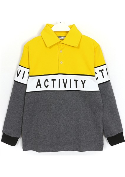Blok Renk Activity Baskılı Polo Yaka Erkek Çocuk Sweatshirt Sarı 001-0001983