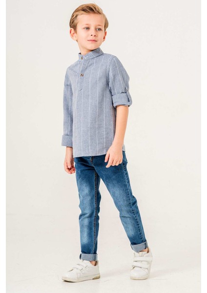 Uzun Kol Yarım Düğmeli 2 Parça Erkek Çocuk Gömlekli Takım