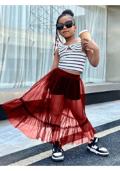 Kız Çocuk Kırmızı Fırfırlı Tül Kombin Tamamlayıcı Etek