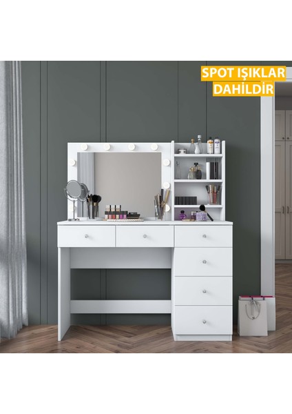 BJ127 Hollywood Işıklı Aynalı Kulis Makyaj Masası 6 Çekmeceli Takı Düzenleyici Beyaz