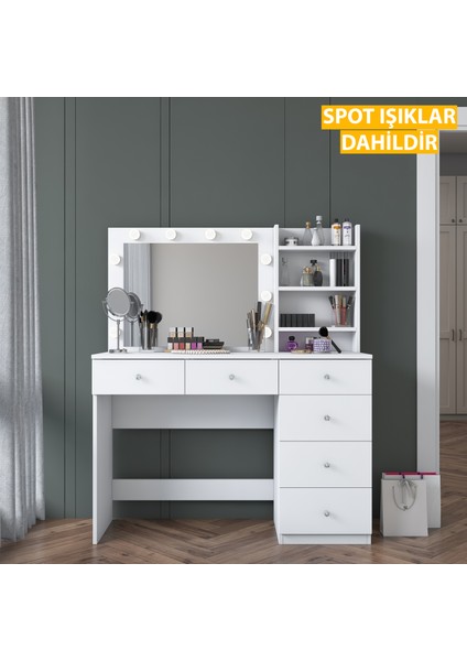BJ127 Hollywood Işıklı Aynalı Kulis Makyaj Masası 6 Çekmeceli Takı Düzenleyici Beyaz