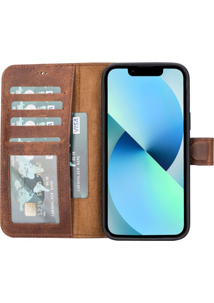 Apple iPhone 14 Plus Uyumlu Deri Cüzdanlı ve Kartlıklı Magsafe Telefon Kılıfı-Isim Yazılabilir