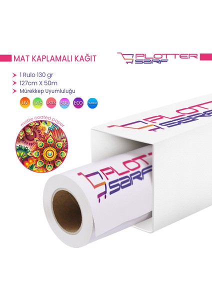 PlotterSarf® Premium Mat Coated Kağıt (Kaplamalı) 130 gr Rulo 127 cm x 50 mt (1 Rulo)